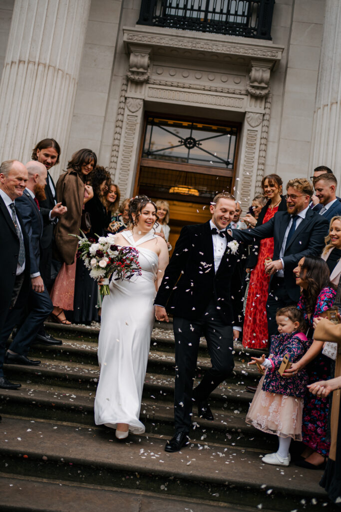 confetti photos outside old marylebone town hall