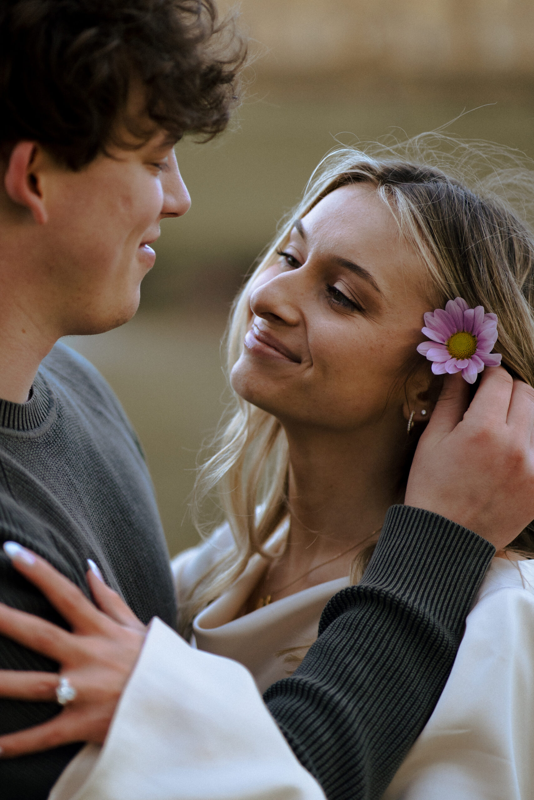 close up of newly engaged couple