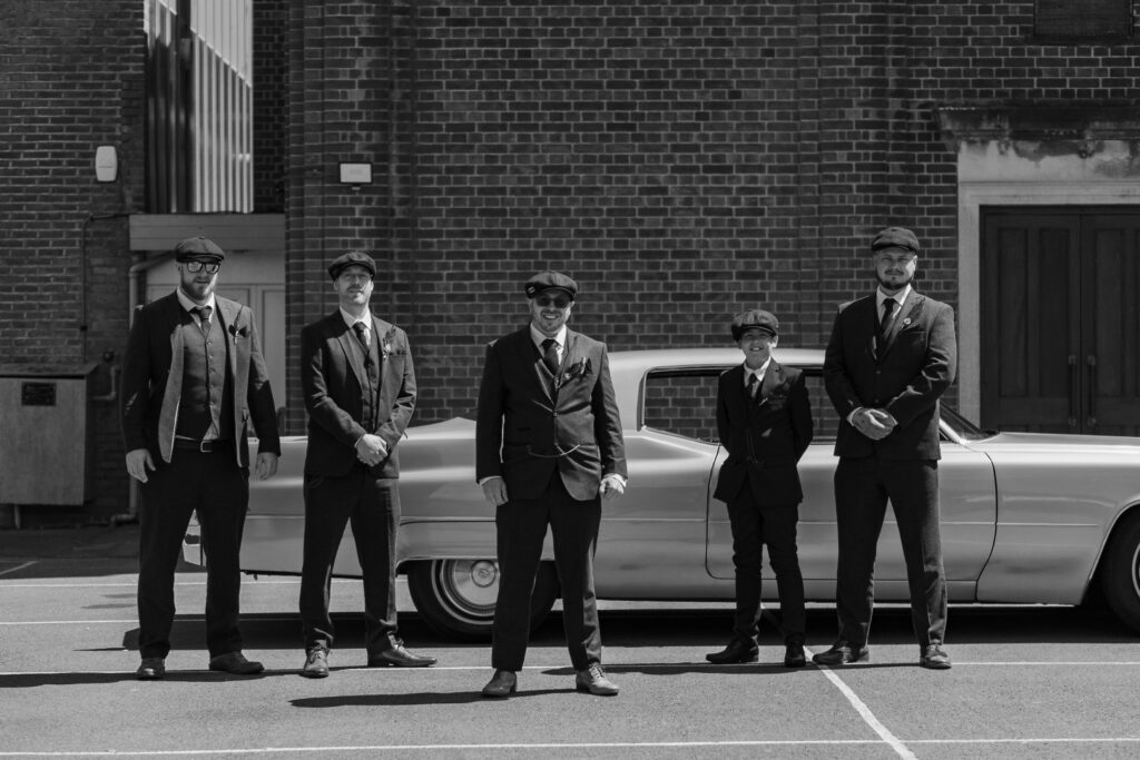 Groom and his groomsmen outside St Faiths Church in Lee-on-the-Solent