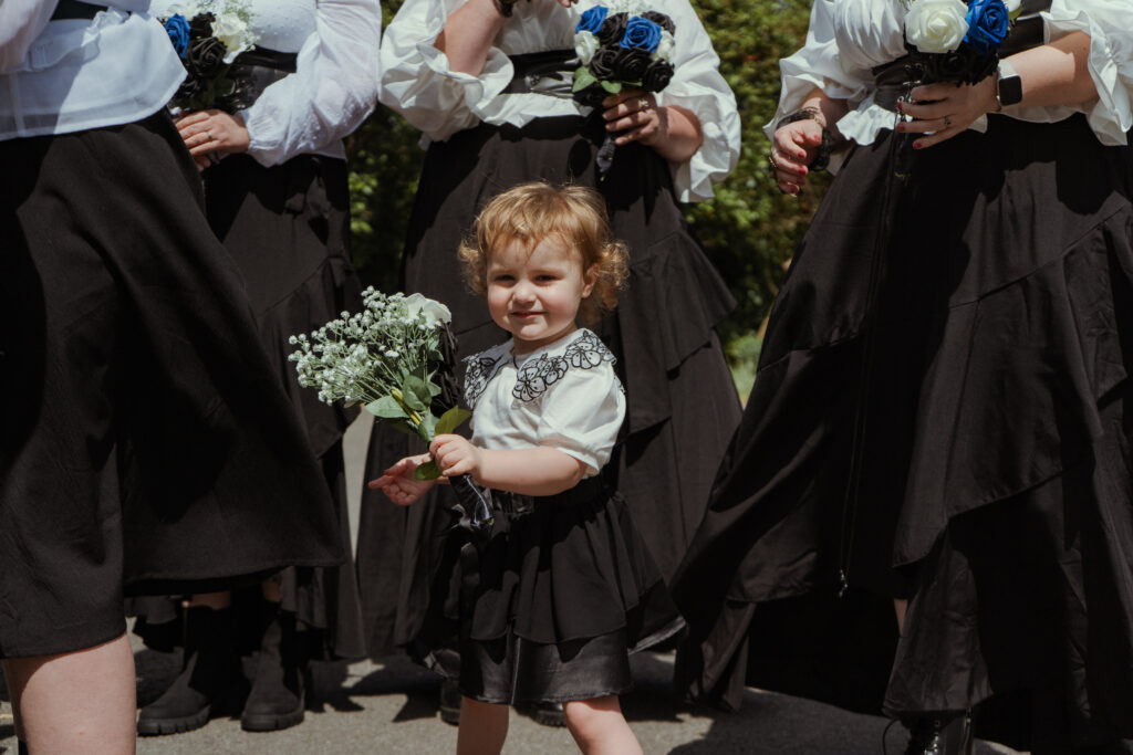 bridal party in steampunk bridesmaid dresses