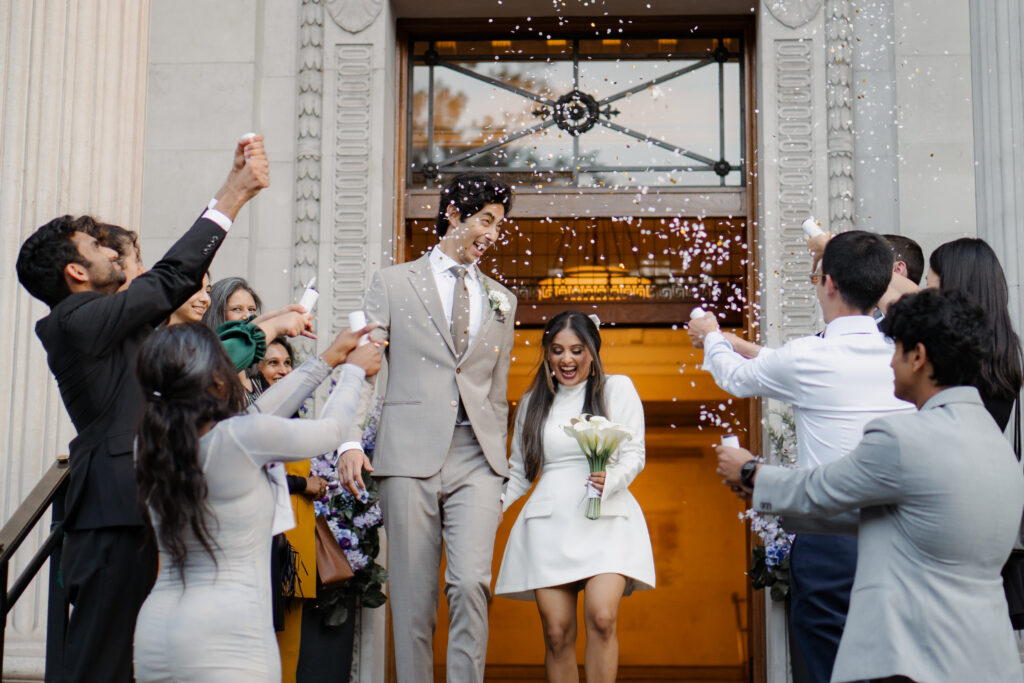 confetti shots outside of old marylebone town hall