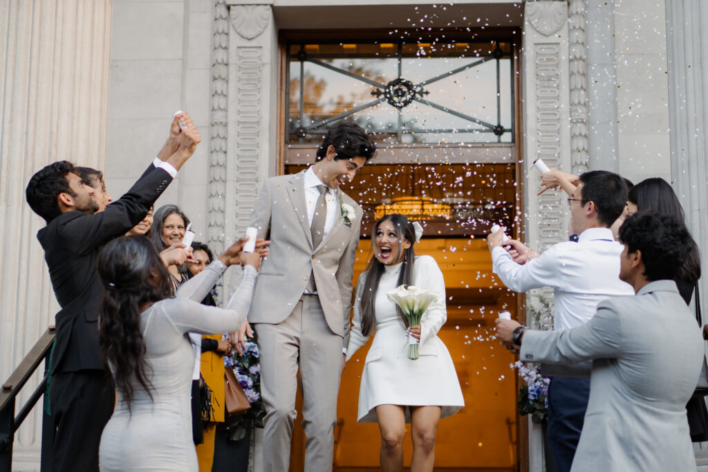 confetti shots outside of old marylebone town hall