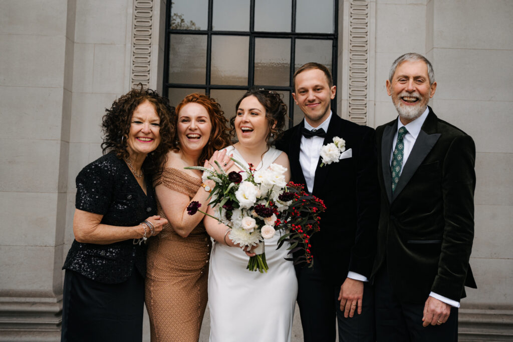 family portraits with bride and groom