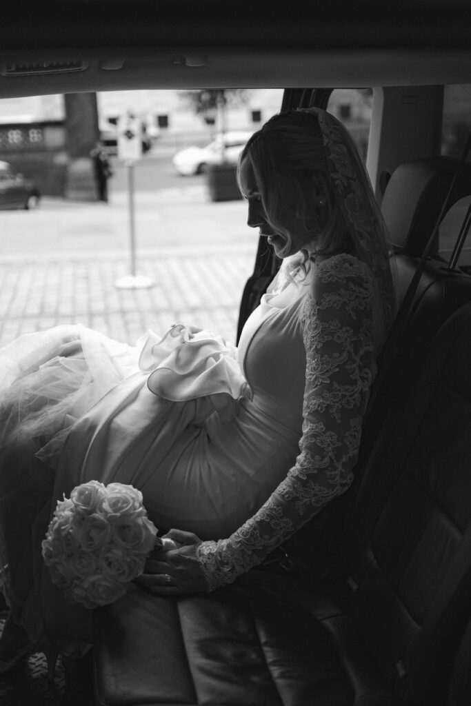 bride getting in uber 