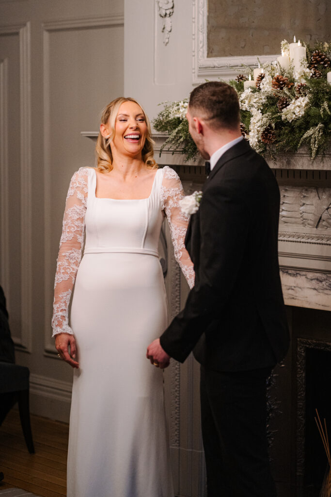 bride and groom first kiss during elopement ceremony