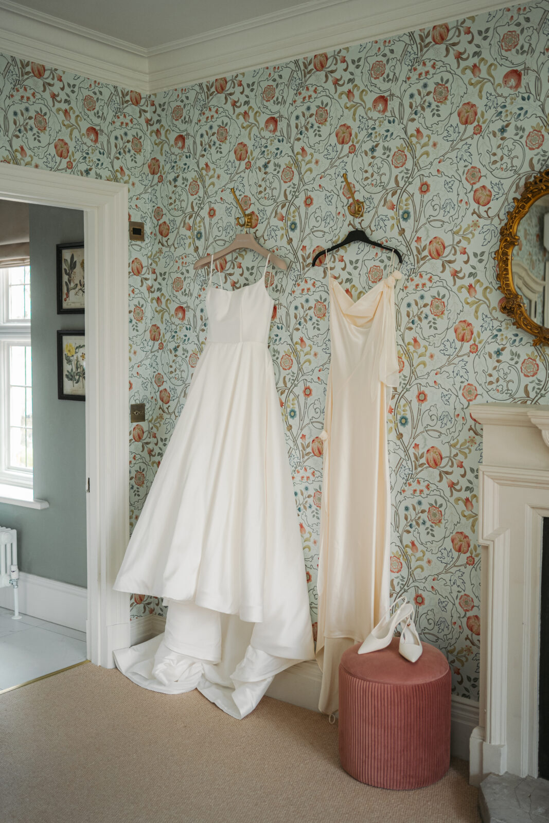 wedding dresses in bridal suite at baddow park house