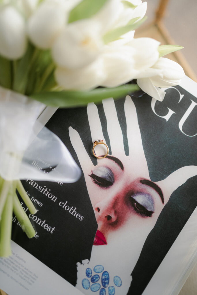 engagement ring flat lay photo at baddow park house
